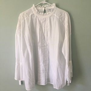 White Ruffle Neck 3/4 Length Bell Sleeve Blouse